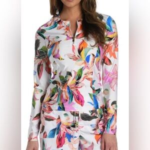 La Blanca Paradise Long Sleeve Half Zip Rashguard Floral Beach Wear Top
